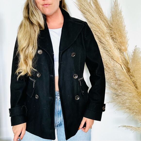 MK MICHAEL KORS Black Wool Button Front Zipper Pockets Classic Jacket Pea Coat M